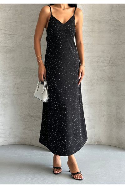 Moda Palmiss Women's Black Thin Strap Stone Detailed Midi Dress