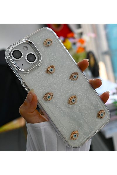 Go Aksesuar حافظة هاتف Apple Iphone 15 - 14 -13 متوافقة مع تصميم Mini Evil Eye ثلاثي الأبعاد من السيليكون الايبوكسي