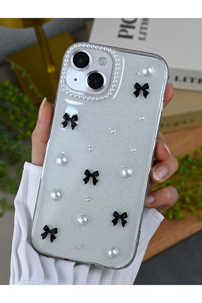 Go Aksesuar حافظة هاتف من السيليكون الايبوكسي متوافقة مع هاتف Apple Iphone 15 - 14 -13 بتصميم كاميرا لؤلؤية ثلاثية الأبعاد