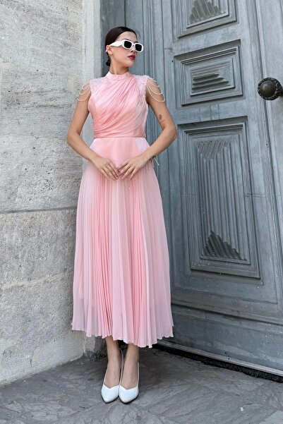 lodmela Omuz İşlemeli Pliseli Abiye Elbise 2385-Pudra