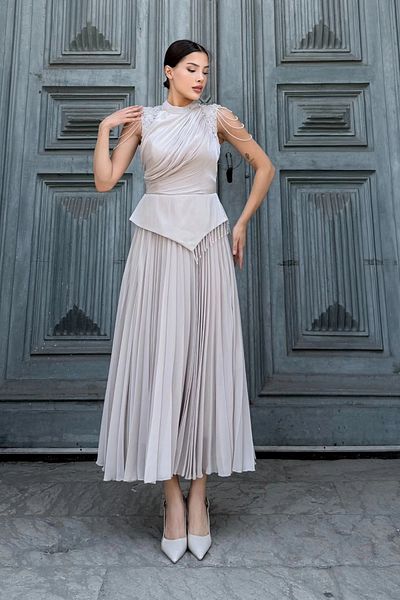 lodmela Βραδινό φόρεμα με κέντημα ώμου 2385-Μπεζ