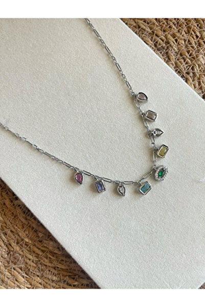 lotusbybuket Gümüş Çelik zincir çok renkli zirkon taşlı 7 element kolye(%100 ...