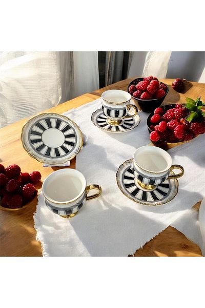 partridge store Gilded Black and White Tea Cup Set of 6