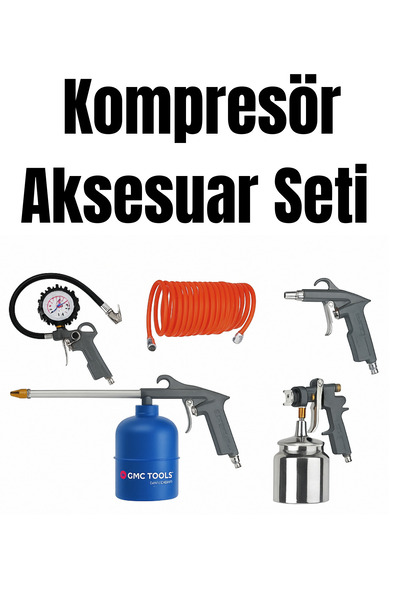 CMC Tools 5'li Kompresör Seti: Şişirme Tabancası, Spiral Hortum, Yağlama, Hava ve Boya Tabancası