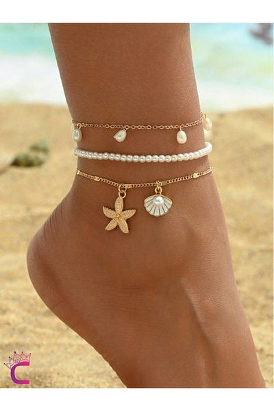 Cinderella Pearl Oyster Starfish 3-Piece Combination Beaded Chain Anklet - Beach Jewelry Foot Bracelet