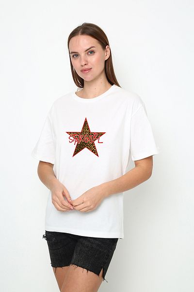 VOICTEC Women's Oversize Star Printed Crew Neck T-Shirt