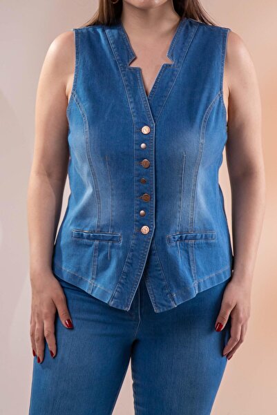 Roxxlen 112063 Γυναικείο τζιν γιλέκο μεγάλου μεγέθους με λεπτομέρεια τσέπης μπλε