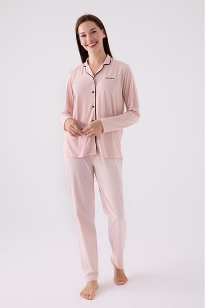 Pierre Cardin Women's Retro Pink Front Button Cotton Modal Pajamas Set