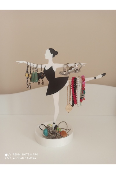 Neon Balerin Figürlü Masa Üstü Takı Standı | 3d Yazıcı Özel Tasarım El Yapımı Organizer - Siyah & Beyaz