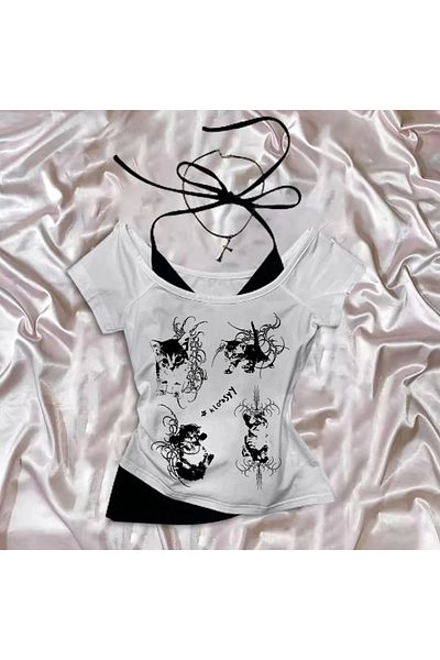 1blood White Gothic Cat Collar Short Sleeve Full Body Crop with Additional Strap