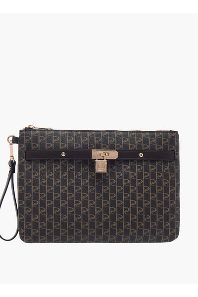 Paprika Monogram Print Clutch with Zip Closure and Wrist Loop