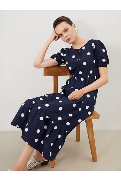 LC Waikiki LCW Comfort Tie-Up γιακά Πουά Φόρεμα με Κάθισμα στη μέση