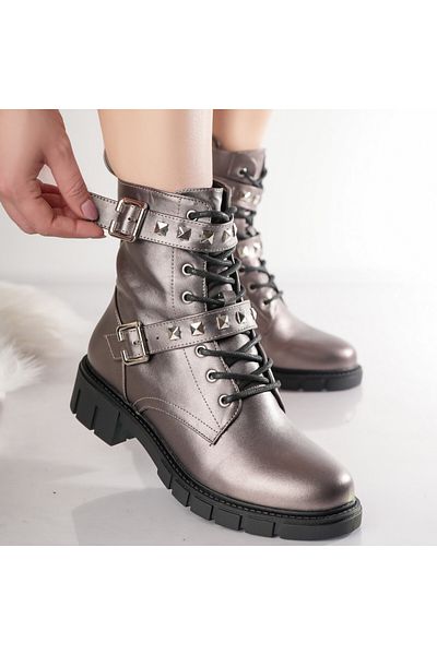 MODA STİL Women's Grey Fur-lined Boots Made of Benca Eco-Leather, 37