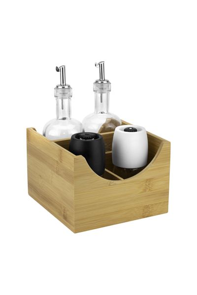 Raki Oliviera 5 pieces oil and vinegar bottles 350ml, grinders 130ml, bamboo stand