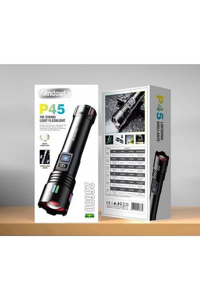divendi-ro LED hand flashlight, P45, range 500m, with battery display, black