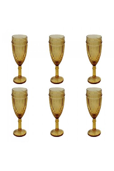 Raki Set 6 pahare sticla sampanie, galbene VINTAGE GREEN forme relief 6x20cm 190cm