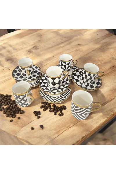 partridge store Kosova Gilded Black and White Large Size Coffee Cup Set of 6