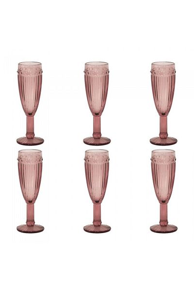 Raki Set 6 pahare sticla vin spumant, bordo OLD SCHOOL forme relief 6x20cm 190cm