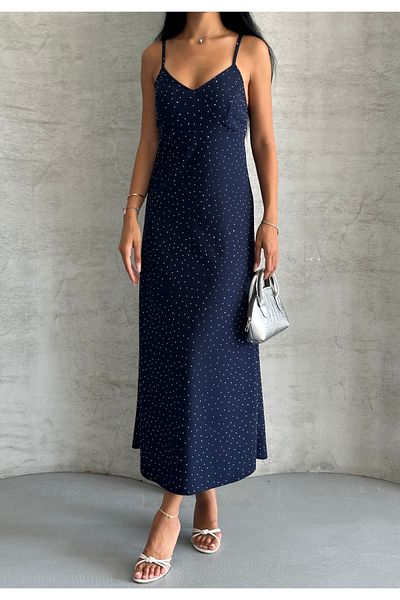 Moda Palmiss Women's Navy Blue Thin Strap Stone Detailed Midi Dress