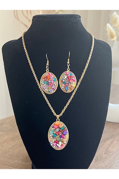 Büyük Hanım Colorful Vintage Broken Stone Modern Necklace Earring Set