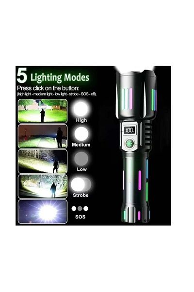 divendi-ro Tactical flashlight 6500lm, 26650mah battery, USB Type-C charging, Zoom, black