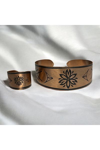 PrestigeSO Handwork Lotus Flower Pure Copper Jewelry Set Adjustable Bracelet and Ring - Health & Art