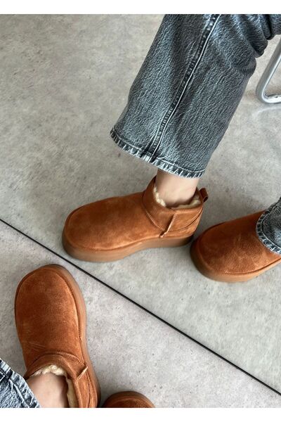 enayakkabılar Kadın Mini Taba Hakiki Deri İçi Kürklü Kalın Taban Bot