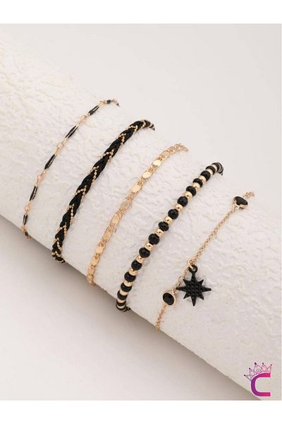 Cinderella Polar Star Black Thread Beaded Gold Chain 5-Piece Combination Anklet - Stainless Beach Jewelry Foot Bracelet