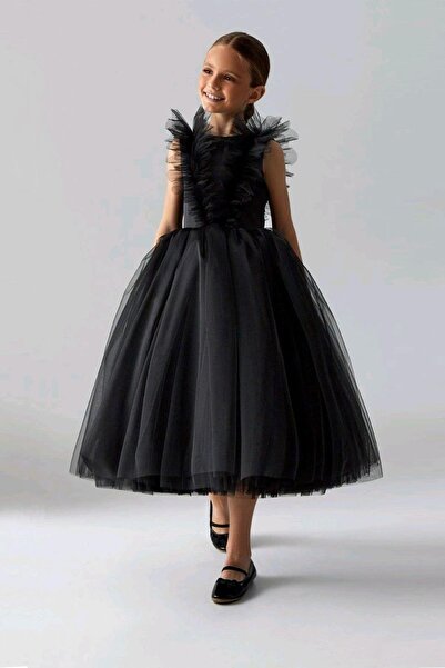 Mashotrend Palma Kız Çocuk Abiye - Sırtı V Önü Büzgü Fırfır Detaylı Çocuk Mezuniyet Elbisesi, Gösteri Elbisesi