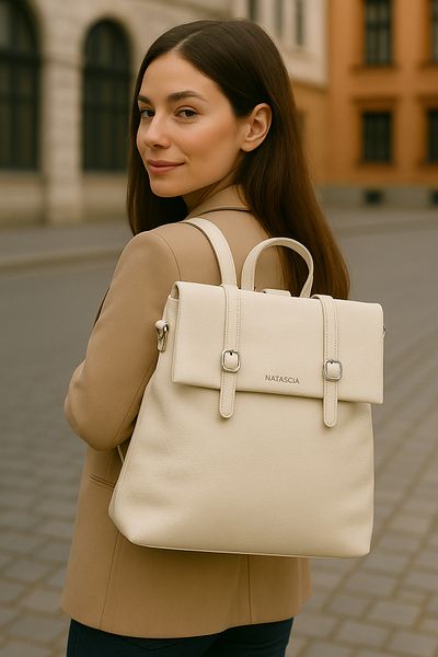 Micutz Large Spacious Women's Backpack Made of Soft Textured Eco-Leather, 32x36x15 cm, White Color