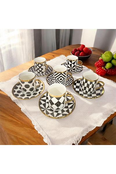 partridge store Kosova Gilded Black and White Large Size Coffee Cup Set of 6