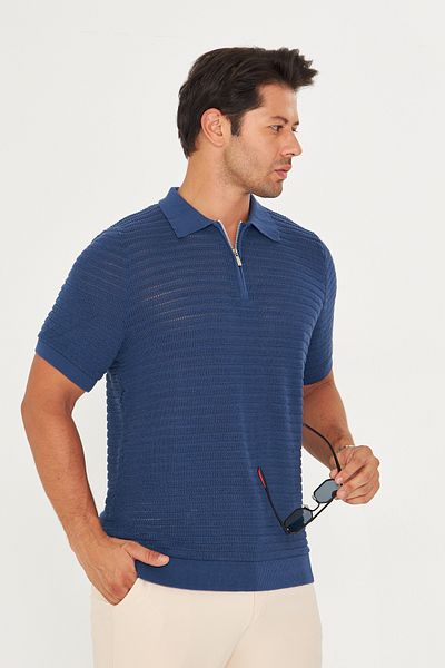 EDITION MAN Indigo Thin Summer Soft Cotton Zipper Polo Neck Knitwear Tshirt Ee100511598