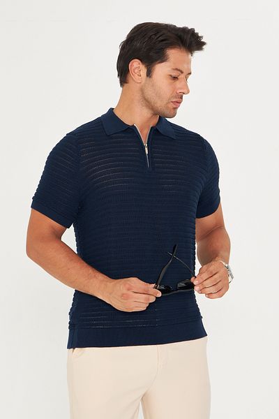 EDITION MAN Navy Blue Thin Summer Soft Cotton Zippered Polo Neck Knitwear Tshirt Ee100511598