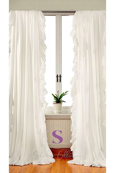 shules collection Double Sided Ruffle White Vintage Cotton Linen Curtain (Width X Length) - Single Panel - No Pleats