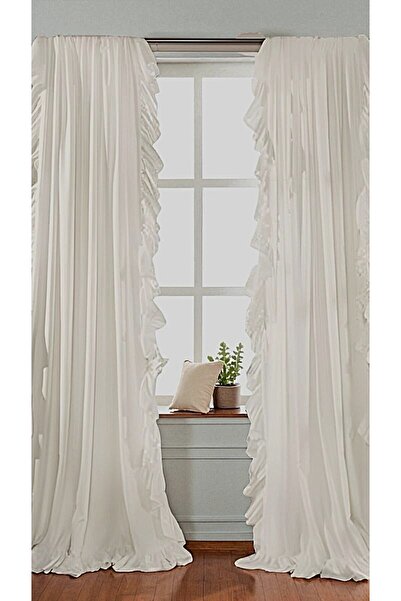 shules collection Cortina de lenjerie din bumbac vintage ALBĂ CU VOLANTĂ DUBĂ (L X L) - Aripă simplă - Fără pliuri