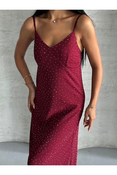 Moda Palmiss Women's Burgundy Thin Strap Stone Detailed Midi Dress