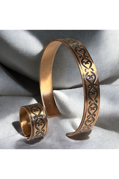 PrestigeSO Pure Copper Jewelry Set with Horn Motif Pure Copper Bracelet and Copper Ring - Authentic Anatolian Design