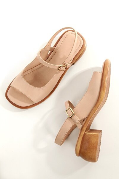 Modabuymus Benus Beige Color Genuine Leather Mary Jane Strappy Sandals Thick Heels Women's Shoes