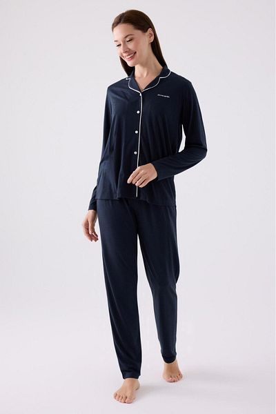 Pierre Cardin Women's Navy Front Button Cotton Modal Pajama Set