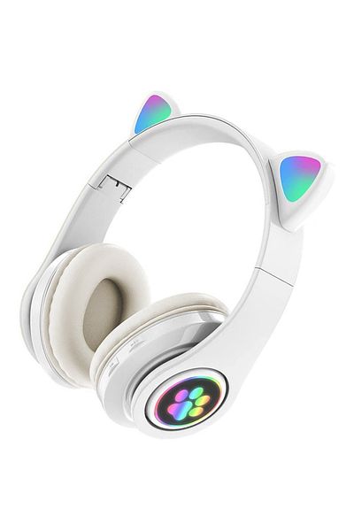 divendi-ro Căști On-Ear Bluetooth 5.0, wireless, cu urechi de pisică și lumină LED RGB, albe
