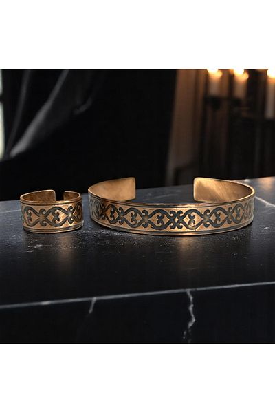 PrestigeSO Pure Copper Jewelry Set with Horn Motif Pure Copper Bracelet and Copper Ring - Authentic Anatolian Design
