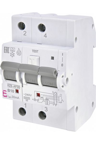 Eti AFDD+RCBO, 2P, 10A, 30mA, 10kA, curve B, type A, KZS-AFDD, 002173812,