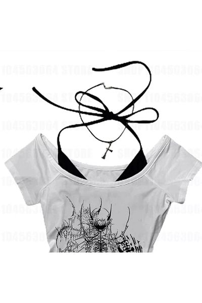 BİQ & TAQ BUTİK White Gothic Hanko Collar Short Sleeve Full Body Crop with Additional Strap