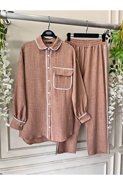 Viskosa Women's Shirt Collar Piping Pocket Buttoned Long Sleeve Casual Fit Elastic Pants Set of Two