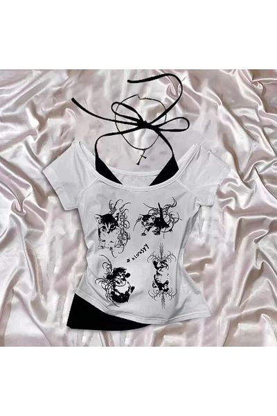 BİQ & TAQ BUTİK White Gothic Cat Collar Short Sleeve Full Body Crop with Additional Strap