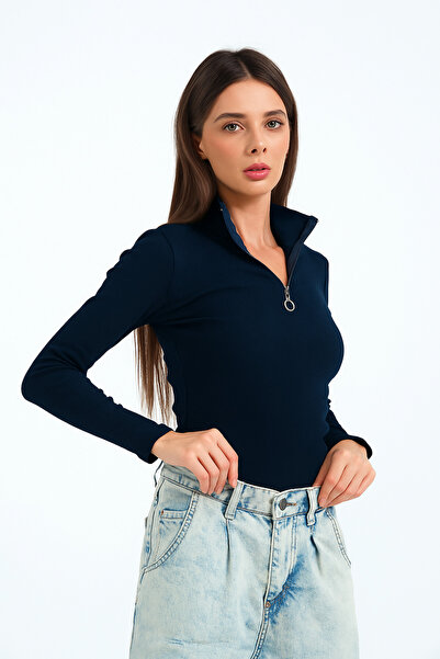 PUNKY CAT Women's Navy Blue Zippered Collar Long Sleeve Knitted Blouse