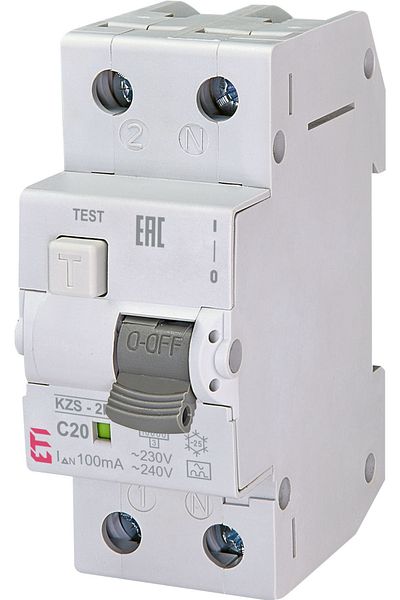Eti RCBO residual current circuit breaker, 1P+N, 20A, 100mA, 10kA, curve C, type A, KZS-2M, 002173725,