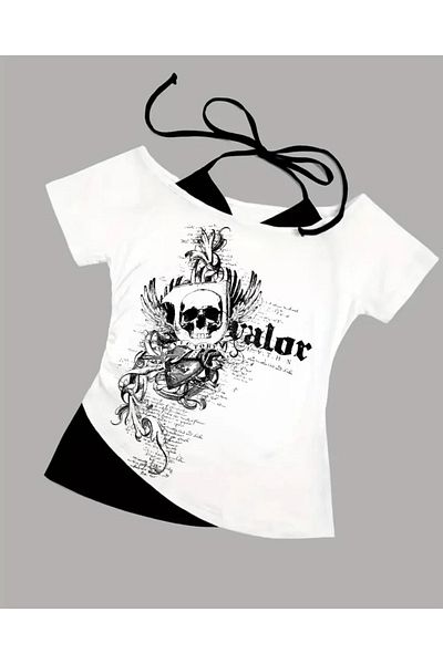 BİQ & TAQ BUTİK White Gothic Victory Collar Short Sleeve Full Body Crop with Additional Strap