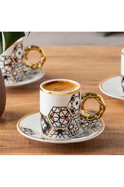 partridge store Gold Gilded Black and White Turkish Coffee Cup Set of 6
