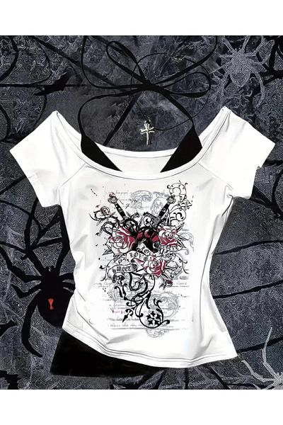 BİQ & TAQ BUTİK White Gothic Red Love Collar Additional Strap Short Sleeve Full Body Crop